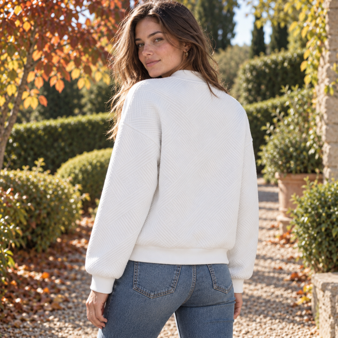 Retro del bomber donna bianco con motivo geometrico e fondo a costine