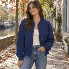 Bomber donna blu navy con collo a costine e motivo geometrico