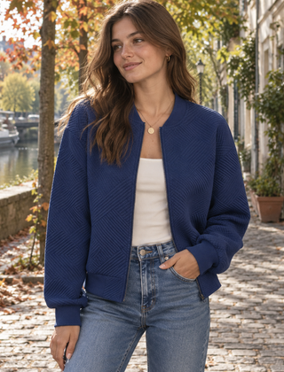 Bomber donna blu navy con collo a costine e motivo geometrico