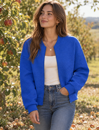 Bomber donna blu royal aperto con zip e collo a costine