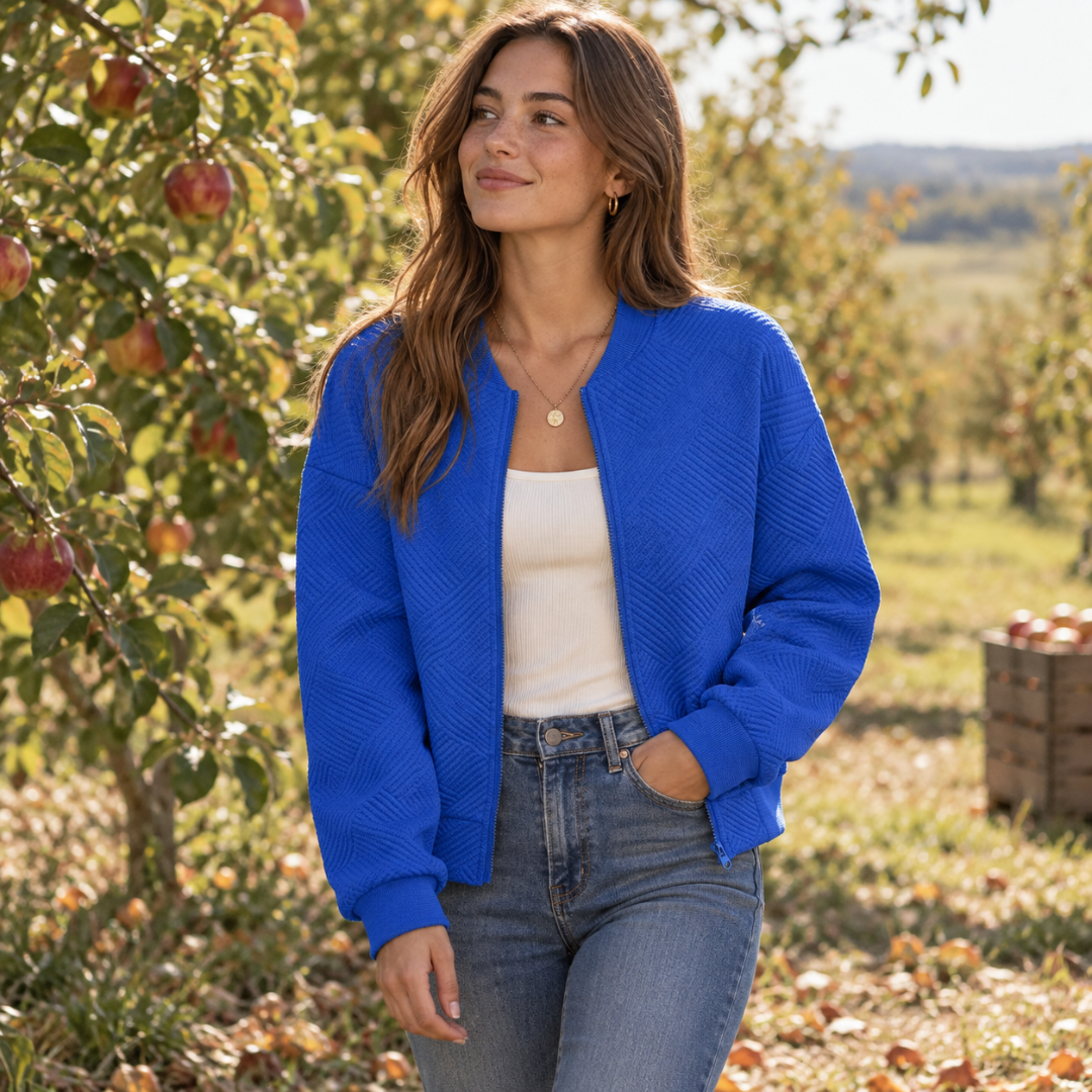 Bomber donna blu royal aperto con zip e collo a costine