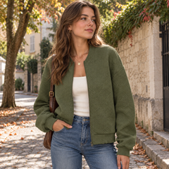Bomber donna verde militare con motivo geometrico e maniche lunghe a costine