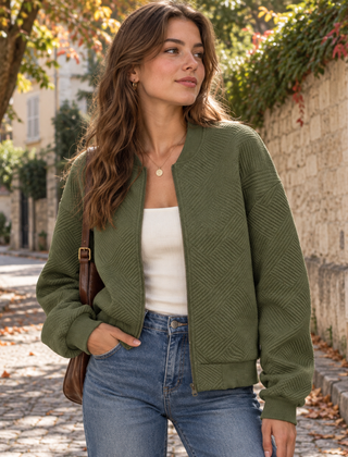 Bomber donna verde militare con motivo geometrico e maniche lunghe a costine
