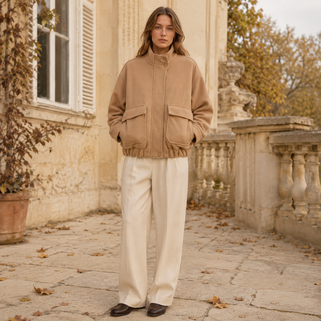 Bomber donna beige oversize con collo montante e tasche con patta sul davanti
