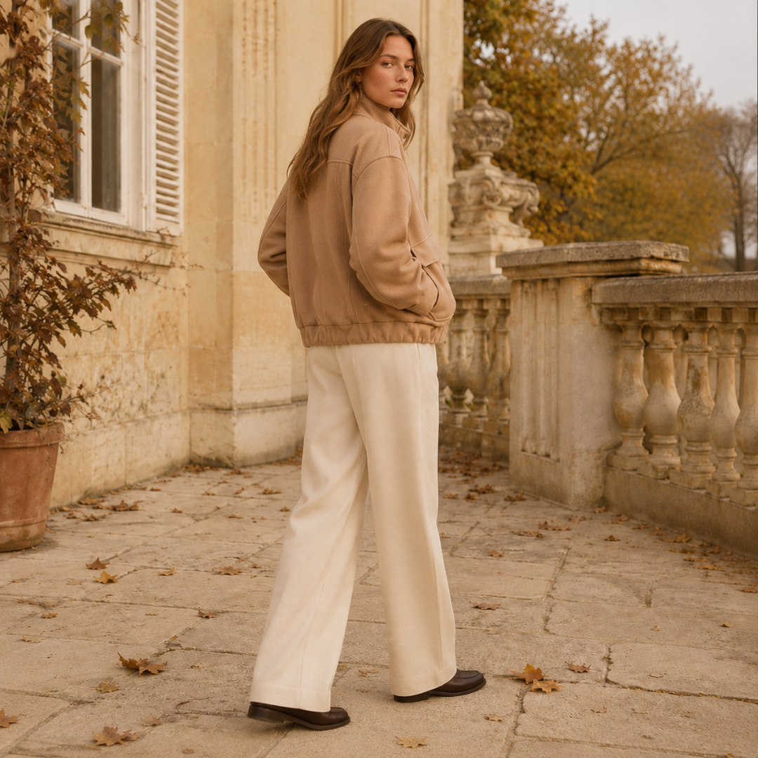 Bomber beige visto di tre quarti con cuciture sulle spalle e polsi elastici