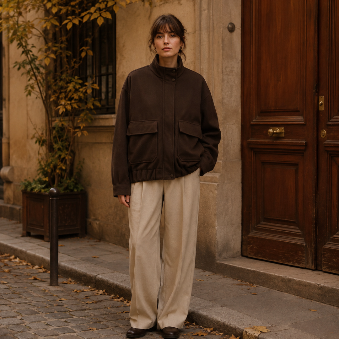 Bomber donna marrone con collo montante, patta con bottoni e tasche applicate