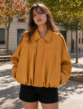 Bomber donna arancione senape con colletto aperto e linea ampia sulle spalle