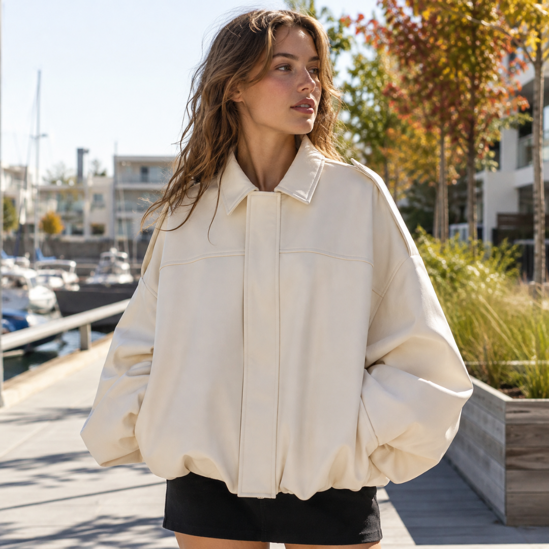 Bomber donna bianco panna con colletto a camicia e patta frontale sul davanti