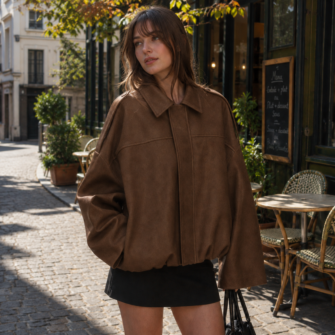 Bomber donna marrone con colletto a camicia e maniche ampie dalla spalla bassa