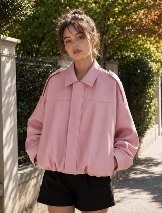 Bomber donna rosa oversize con spalline abbottonate e polsini arricciati