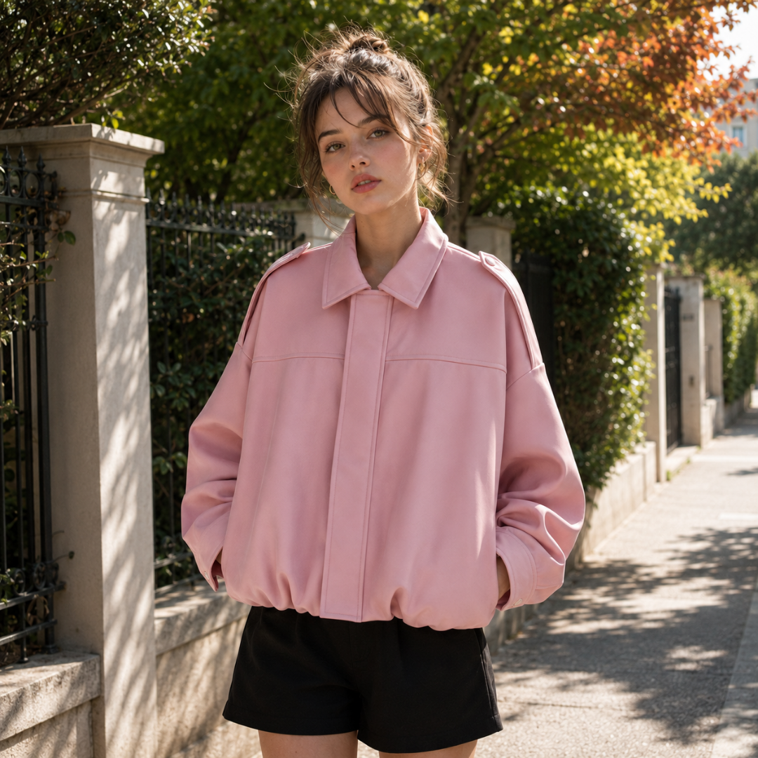 Bomber donna rosa oversize con spalline abbottonate e polsini arricciati