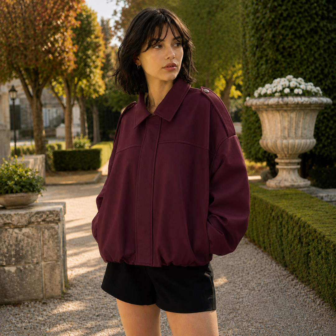 Bomber rosso donna con spallina abbottonata e cuciture orizzontali sul davanti