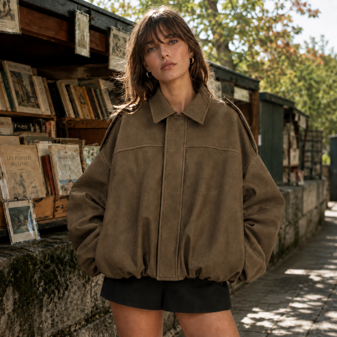 Bomber donna verde e marrone con cuciture orizzontali e chiusura frontale coperta