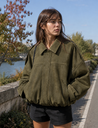 Bomber donna verde militare con tasche laterali e fondo arricciato in vita