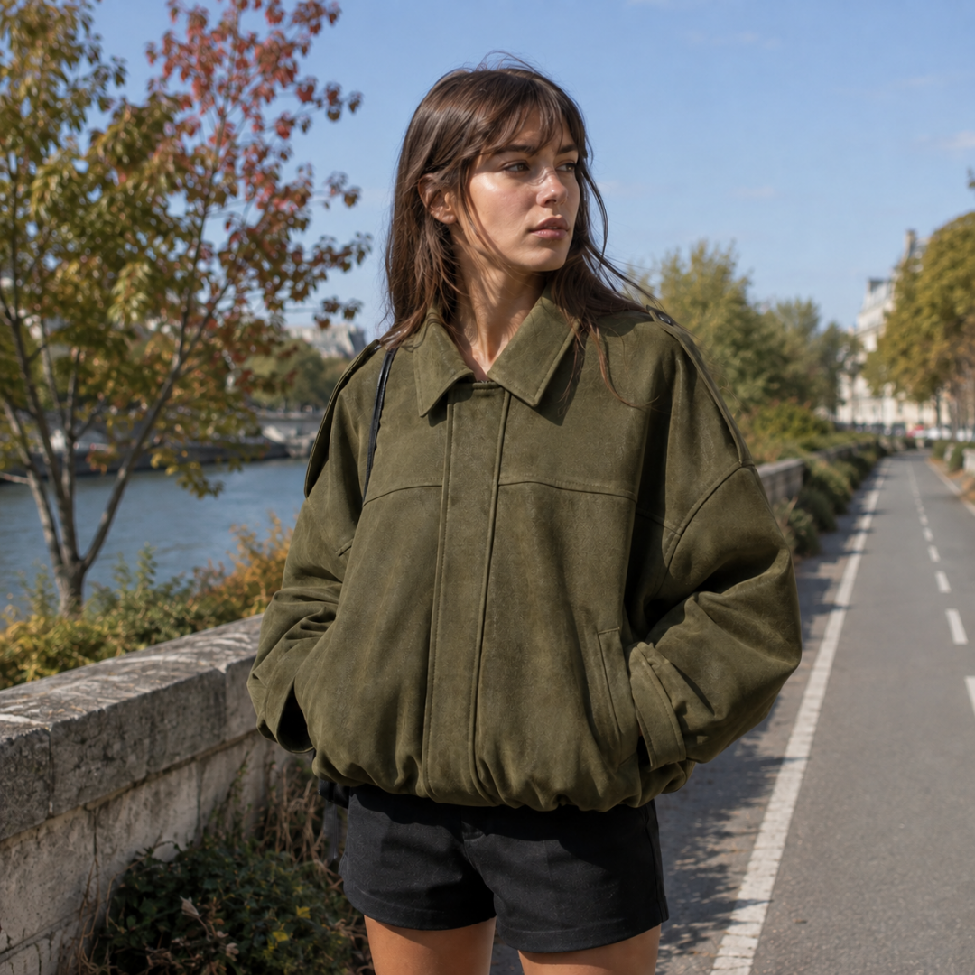 Bomber donna verde militare con tasche laterali e fondo arricciato in vita
