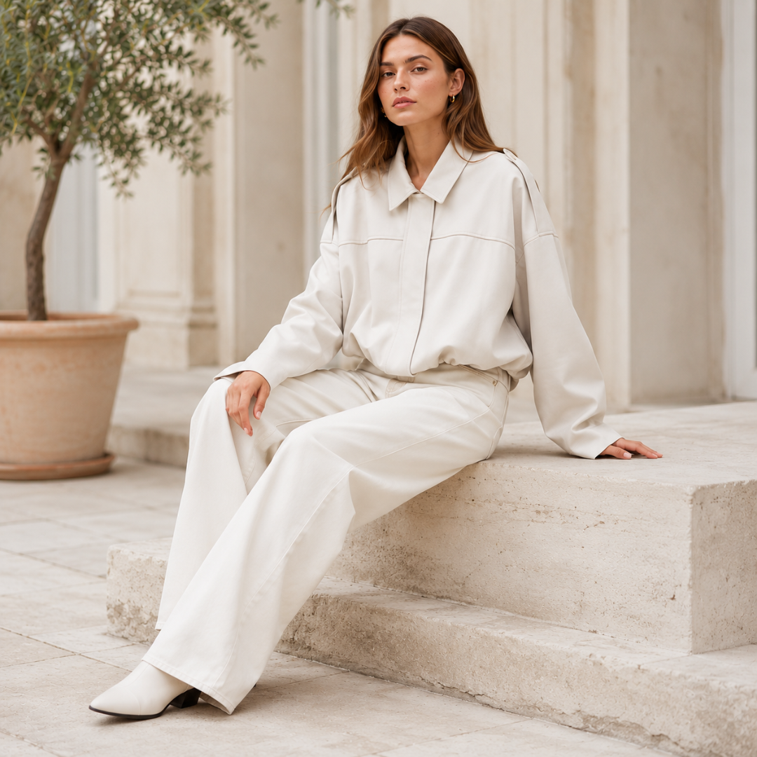 Donna seduta indossa bomber bianco con chiusura frontale coperta e colletto aperto