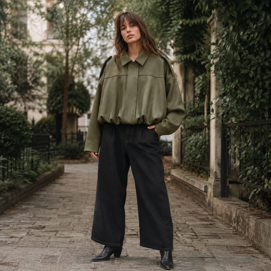 Bomber verde donna con colletto a punta e pantaloni neri larghi