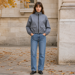 Bomber donna grigio a quadretti vichy con zip centrale e collo alto