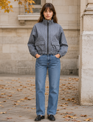 Bomber donna grigio a quadretti vichy con zip centrale e collo alto