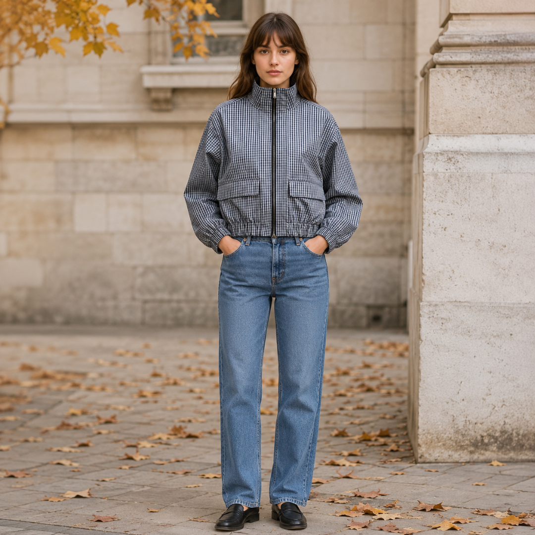 Bomber donna grigio a quadretti vichy con zip centrale e collo alto