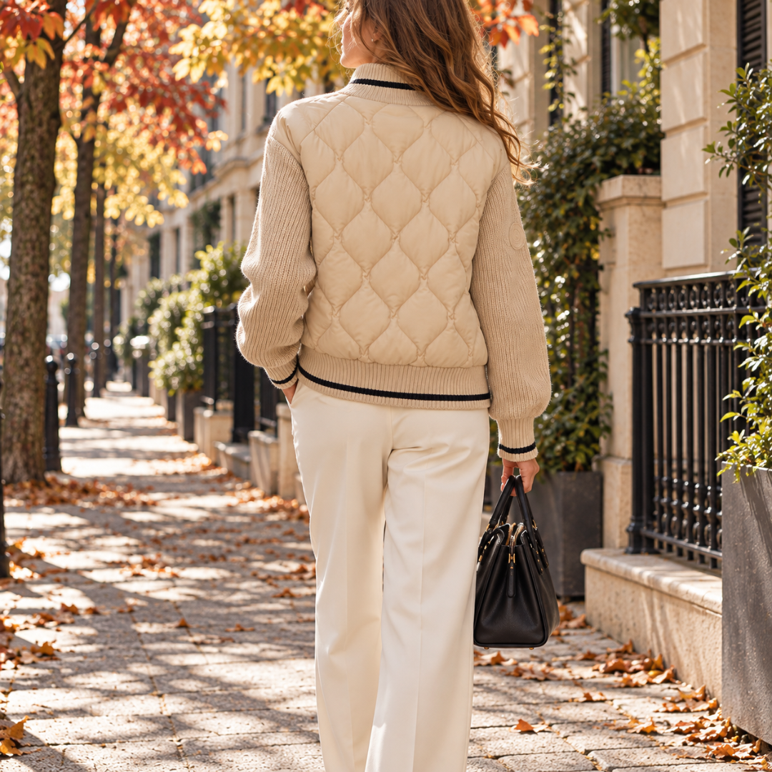 Retro del bomber beige trapuntato con righe scure sul fondo a coste