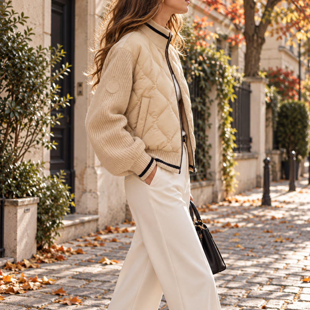 Bomber donna beige di profilo con tasca laterale e manica in maglia