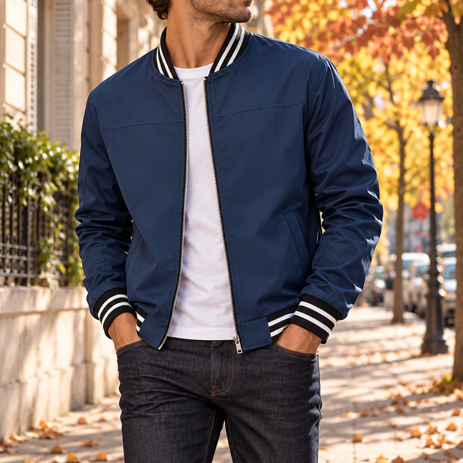 Bomber uomo blu navy aperto con bordi a righe bianche e nere