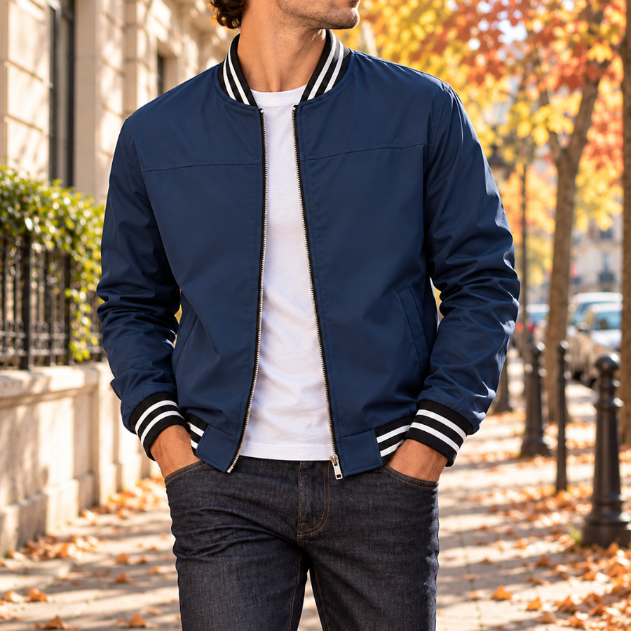 Bomber blu navy da uomo con zip aperta e collo a costine rigato