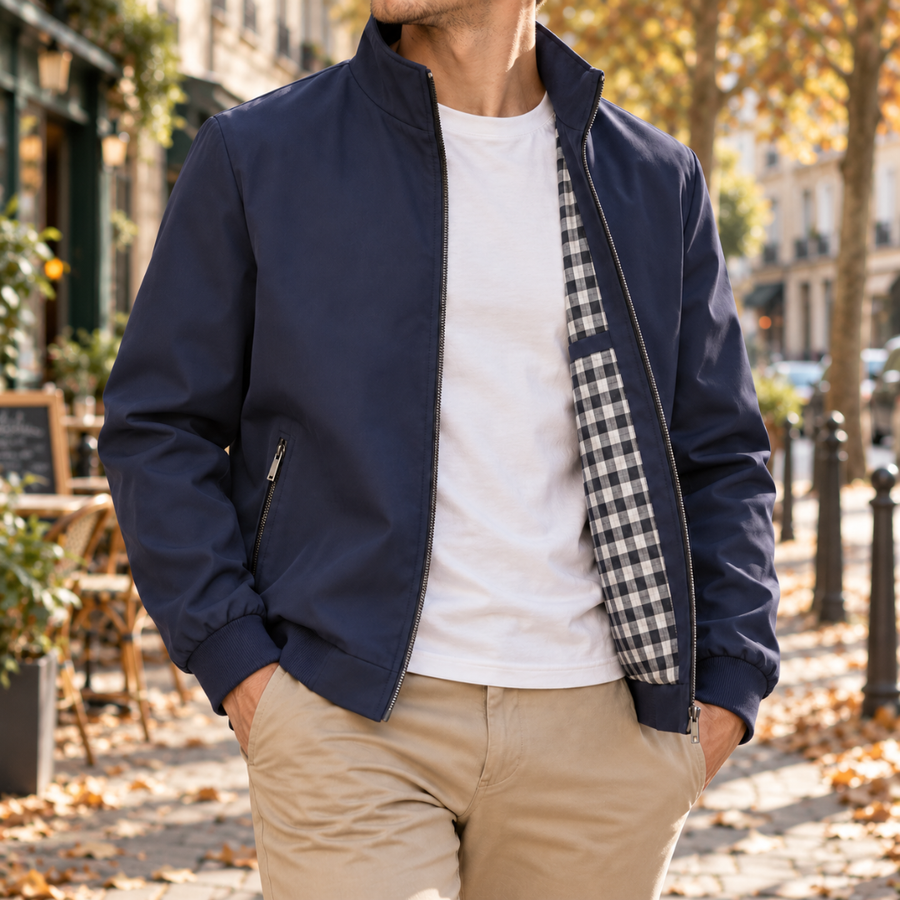 Bomber uomo blu aperto con zip, fodera a quadri e colletto alto