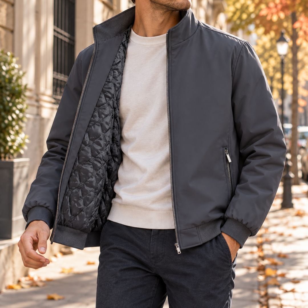 Bomber uomo grigio scuro con interno trapuntato e chiusura zip centrale