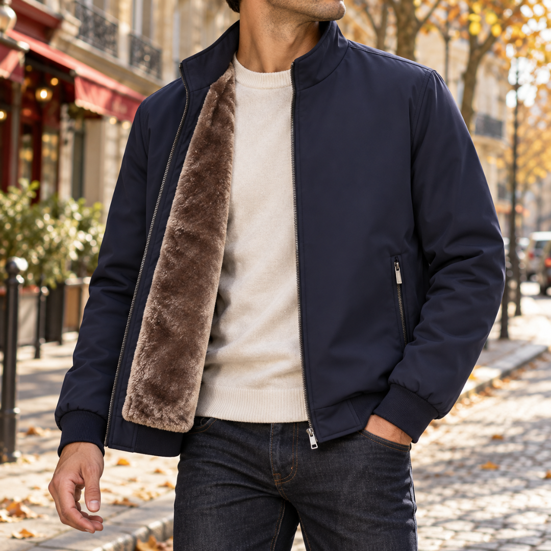 Bomber uomo blu navy con zip centrale, collo alto e tasca con zip