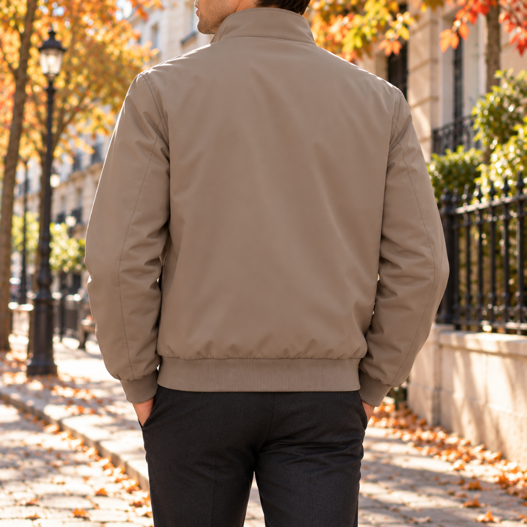 Retro del bomber uomo kaki con fondo a coste e spalle lisce