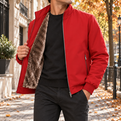 Bomber uomo rosso con zip centrale e interno effetto pelliccia a vista