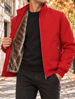 Bomber uomo rosso con zip centrale e interno effetto pelliccia a vista