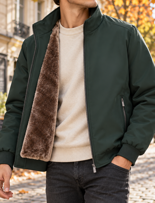 Bomber uomo verde scuro con collo alto, tasca con zip e polsini a coste