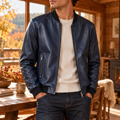 Bomber uomo blu navy con zip frontale e bordi a coste neri a contrasto