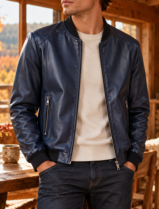 Bomber uomo blu navy con zip frontale e bordi a coste neri a contrasto