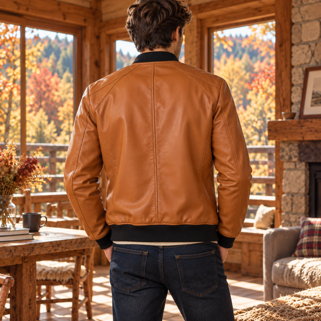 Retro del bomber uomo marrone con cucitura centrale e fondo a coste nero