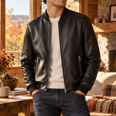 Bomber uomo nero lucido con due tasche con zip e collo a coste