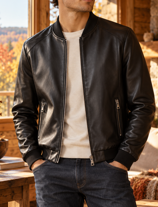 Bomber uomo nero lucido con due tasche con zip e collo a coste