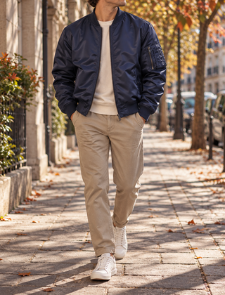 Bomber uomo blu navy con zip e tasca sulla manica su pantaloni chino beige