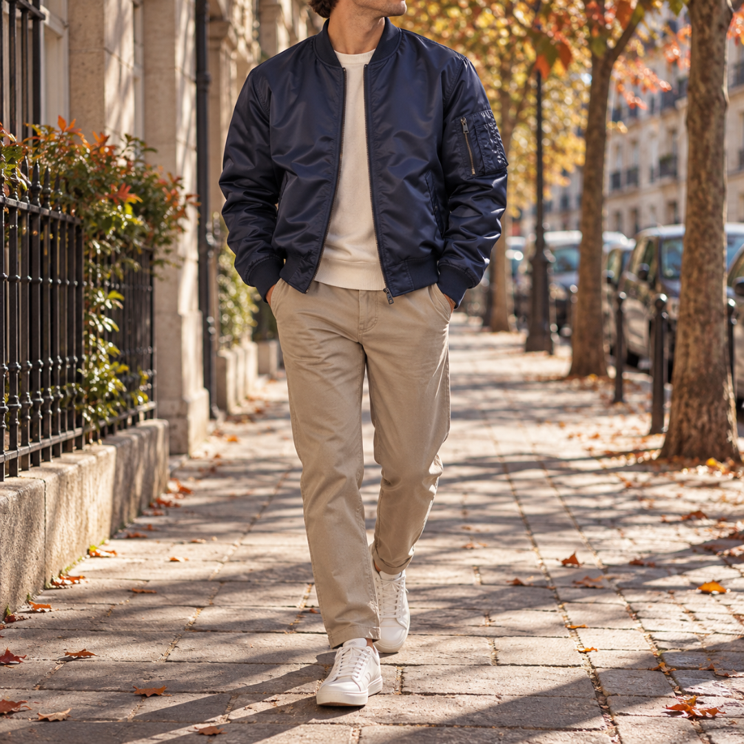 Bomber uomo blu navy con zip e tasca sulla manica su pantaloni chino beige
