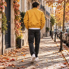 Retro del bomber uomo giallo con fondo a coste e collo a coste