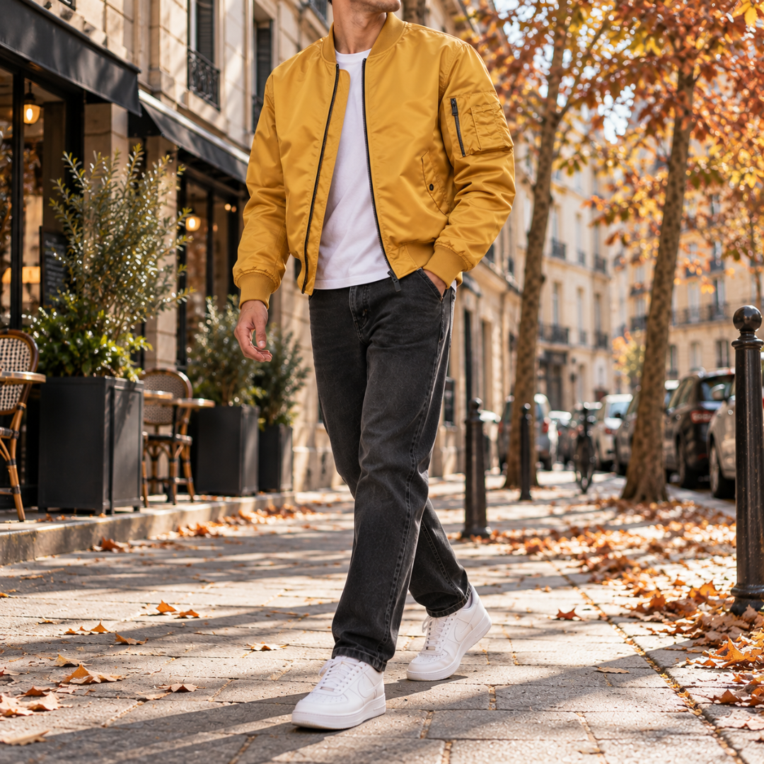 Bomber giallo aperto su t-shirt bianca, tasche frontali e zip centrale visibili
