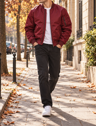 Bomber uomo rosso scuro con collo a coste e tasche frontali, look urbano
