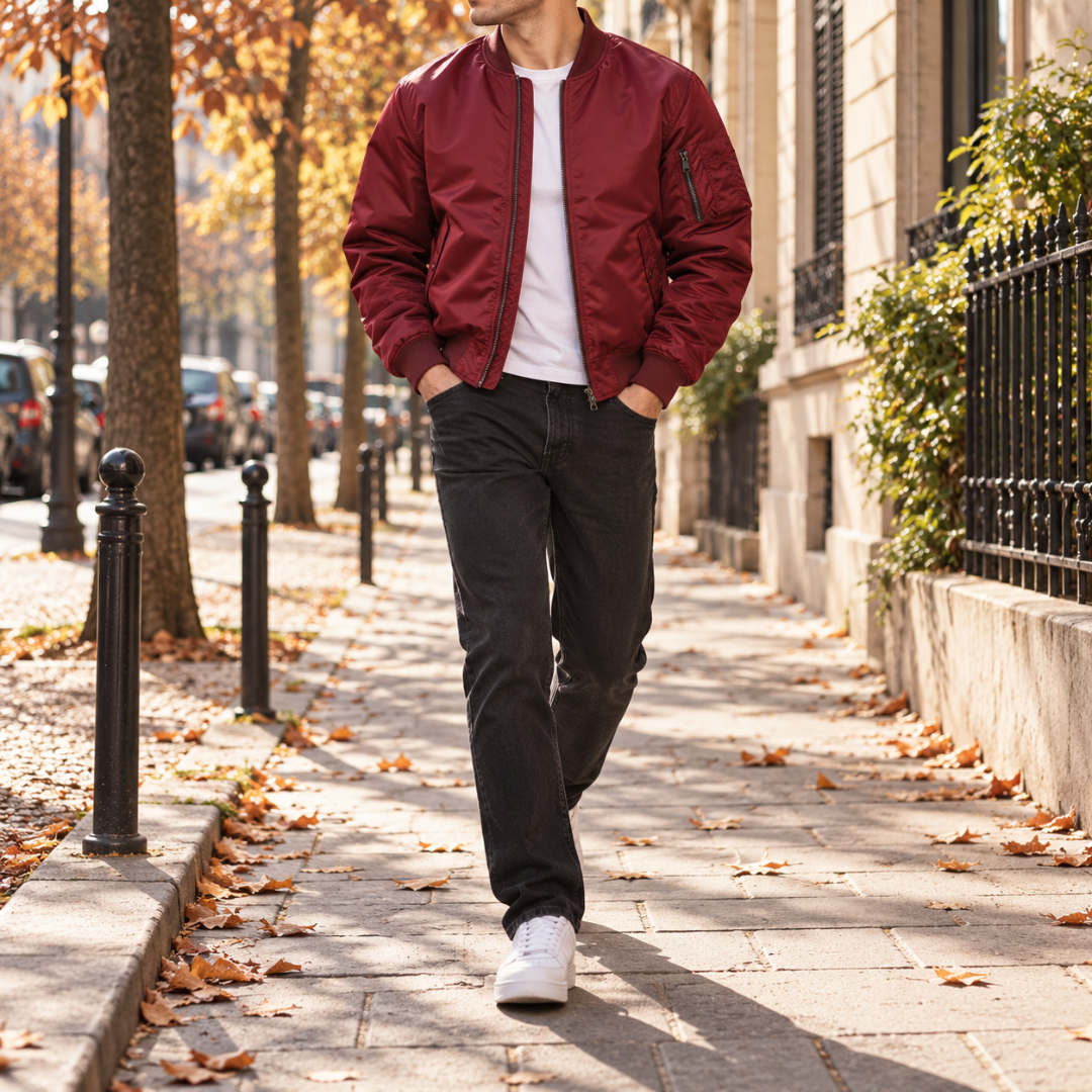 Bomber uomo rosso scuro con collo a coste e tasche frontali, look urbano