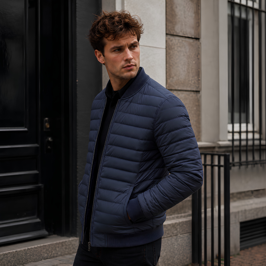 Uomo indossa bomber blu trapuntato con mano in tasca e zip centrale
