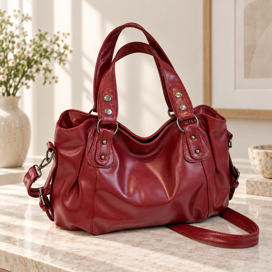 Borsa a spalla rossa con doppi manici, anelli metallici e tracolla lunga