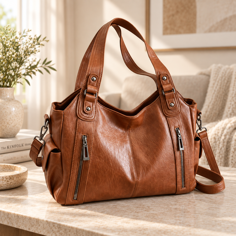 Borsa a spalla donna marrone con tracolla agganciata e due zip frontali