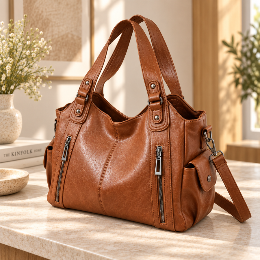 Borsa donna marrone vista di lato con tasca laterale con bottone e tracolla